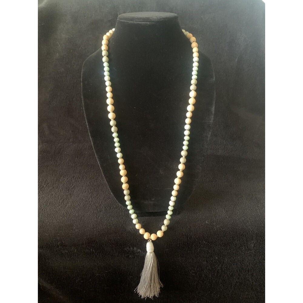 Veronese Signed Beaded Tassel Pendant Necklace Lobster Clasp Gray Green Beige